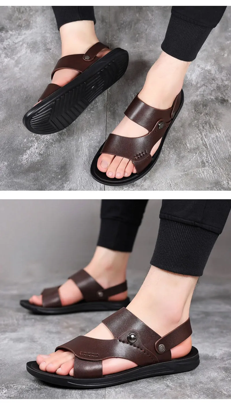 Hnzxzm New Summer Shoes Men Sandals Flat Soft Leather Mens Summer Holiday Shoes Brand Male Beach Sandals Non-slip Black A4624