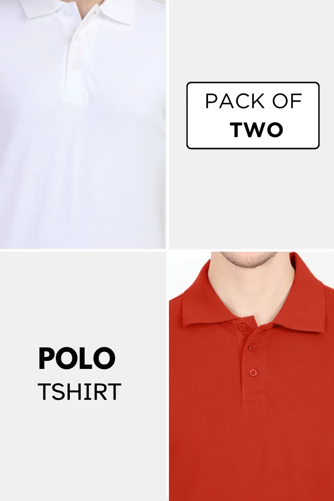 White and Brick Red Polo T-Shirts Combo for Men
